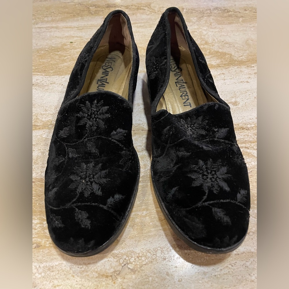 Yves Saint Laurent Italian Made Black Velvet Embroidered Loafers